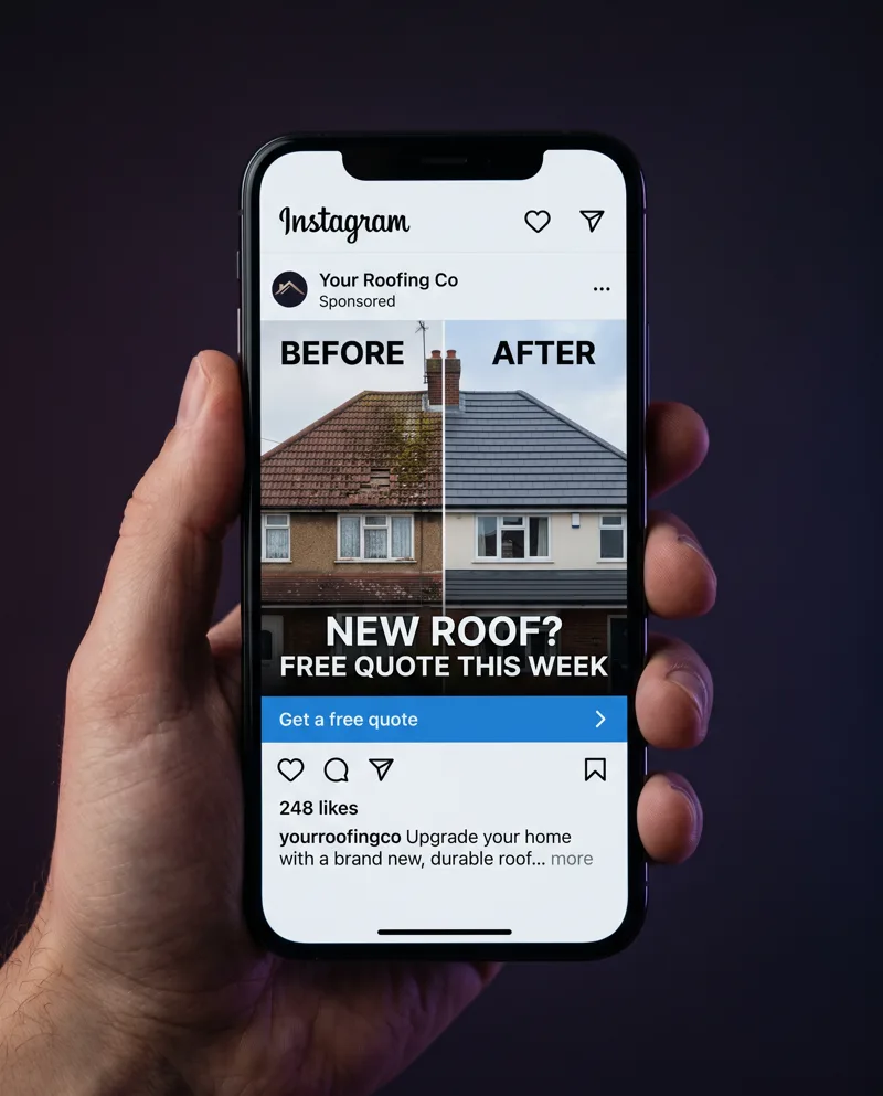 Phone showing an example Instagram ad for a roofer: New roof? Free quote this week